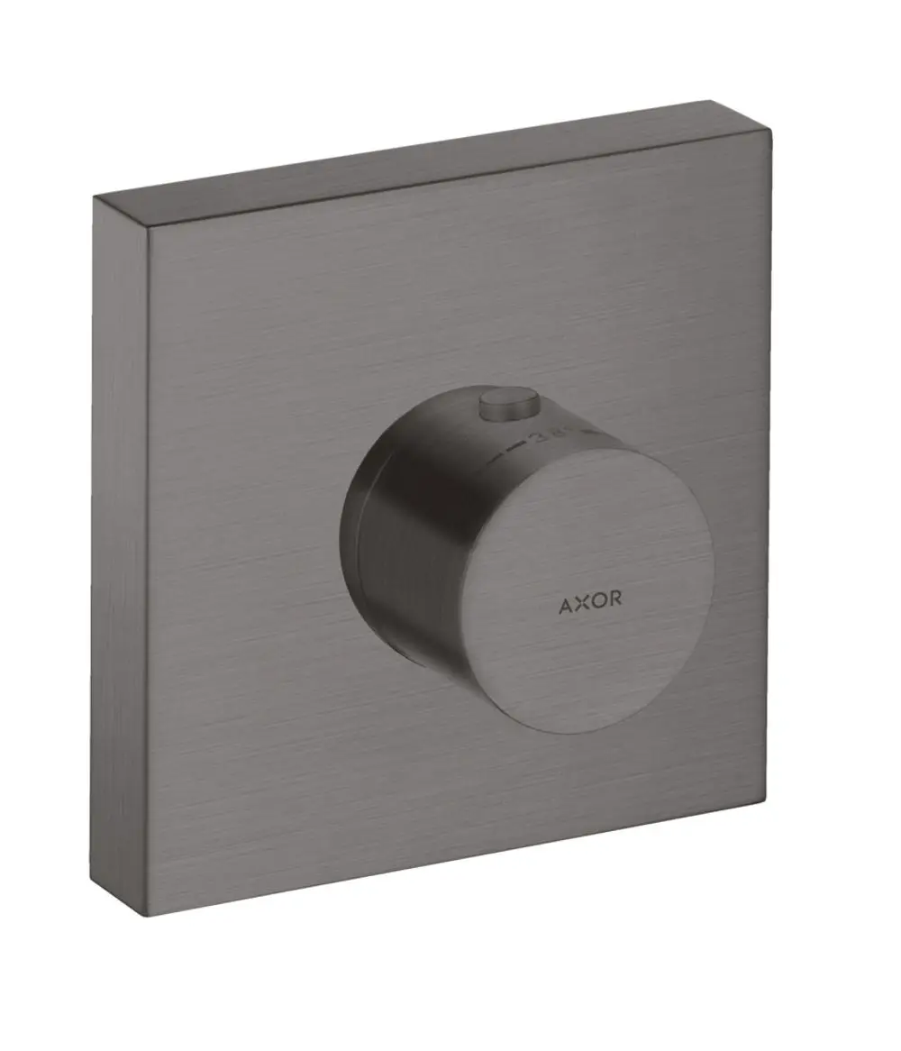 Thermostatmodul mit eckiger Oberfläche in brushed black chrome, ausgestattet mit einem runden Drehknopf zur Temperatureinstellung. Marke AXOR.